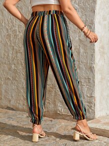 SHEIN VCAY Plus Vertical Striped & Geo Print Drawstring Waist Trousers - Multicolor - View 2