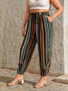 SHEIN VCAY Plus Vertical Striped & Geo Print Drawstring Waist Trousers - Multicolor - View 3
