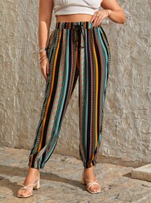 SHEIN VCAY Plus Vertical Striped & Geo Print Drawstring Waist Trousers - Multicolor - View 4