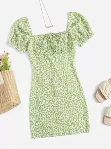 Soleia Ditsy Floral Ruched Bust Tie Front Puff Sleeve Dress - Multicolor - View 1