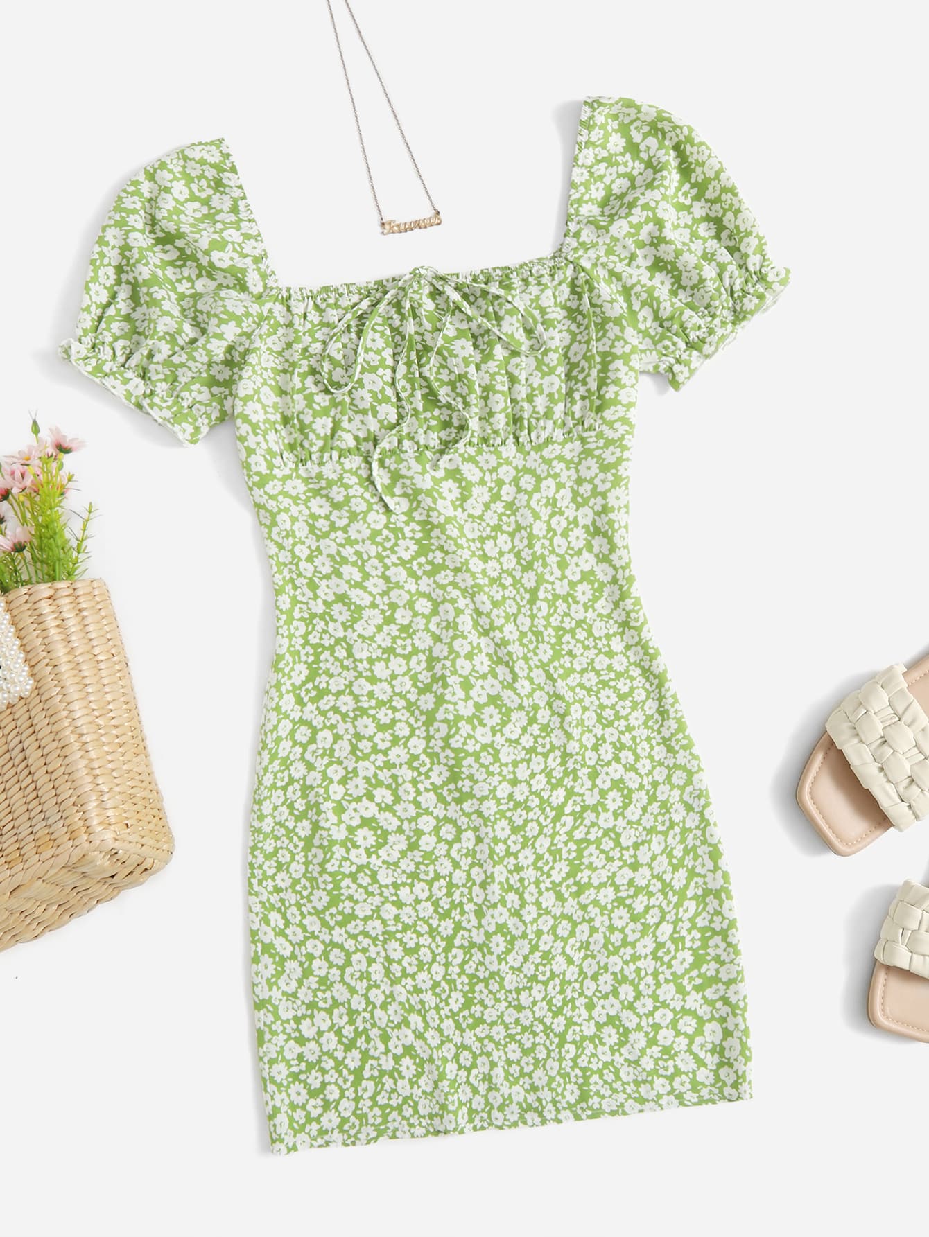 Soleia Ditsy Floral Ruched Bust Tie Front Puff Sleeve Dress - Multicolor - View 1