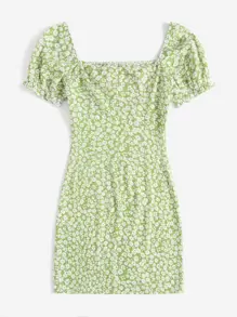 Soleia Ditsy Floral Ruched Bust Tie Front Puff Sleeve Dress - Multicolor - View 2