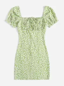 Soleia Ditsy Floral Ruched Bust Tie Front Puff Sleeve Dress - Multicolor - View 3