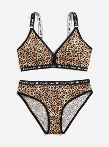 Plus Leopard Print Letter Tape Panel Lingerie Set, Bra & Panty Set - Multicolor - View 3