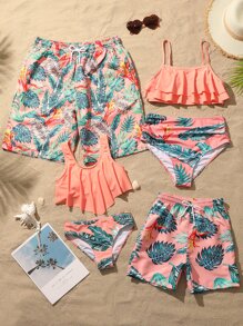 Tween Girl 1set Tropical Print Flounce Bikini Set Summer Beach - Multicolor - View 2