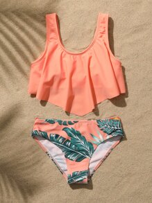 Tween Girl 1set Tropical Print Flounce Bikini Set Summer Beach - Multicolor - View 4