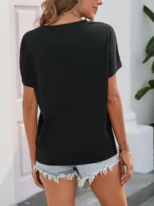 INAWLY Áo thun nữ ghép mộng kim sa màu trơn Giải trí - màu đen - Xem 2