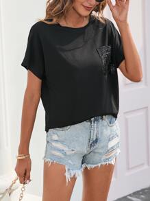 INAWLY Áo thun nữ ghép mộng kim sa màu trơn Giải trí - màu đen - Xem 3