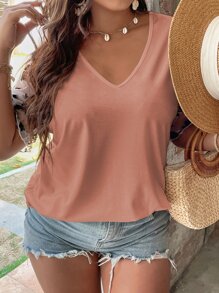 SHEIN Clasi Camiseta con aplicaciones, mangas de malla de contraste, camisetas gráficas para mujer - Rosa coral - Ver 3