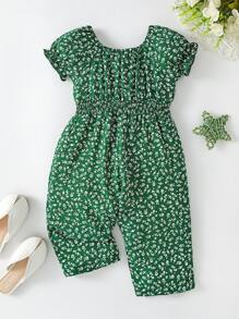 嬰兒小碎花泡泡袖腰部打褶連身褲 - 綠色 - 查看 2