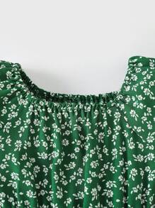 嬰兒小碎花泡泡袖腰部打褶連身褲 - 綠色 - 查看 4