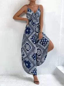 Breezaya Paisley And Scarf Print Overlap Collar Asymmetrical Hem Belted Cami Jumpsuit - Blue and White - View 1