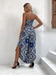 Breezaya Paisley And Scarf Print Overlap Collar Asymmetrical Hem Belted Cami Jumpsuit - Blue and White - View 2