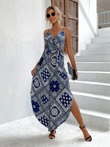 Breezaya Paisley And Scarf Print Overlap Collar Asymmetrical Hem Belted Cami Jumpsuit - Blue and White - View 3
