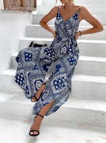 Breezaya Paisley And Scarf Print Overlap Collar Asymmetrical Hem Belted Cami Jumpsuit - Blue and White - View 5
