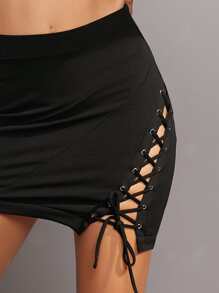 Váy nữ Ren lên Thùa khuyết màu trơn Giải trí - màu đen - Xem 4