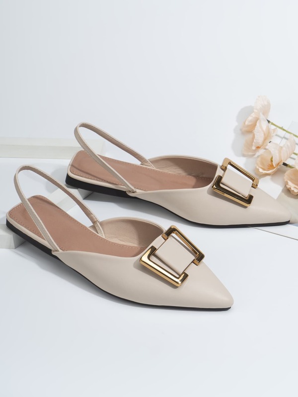 À Détail En Métal À Bout Pointu Chaussures Plates À Bride Arrière , Dos Sangle Chameau Couleur Élégant Pur Métallique Unicolore Pour Femme Chaussures Plates