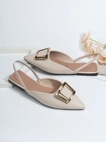 Fall/Winter Metal Decor Point Toe Slingback Flats, Back Strap Camel Color Elegant Pure Metal Solid Color Women's Flat Shoes - Beige - View 2