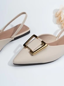 Fall/Winter Metal Decor Point Toe Slingback Flats, Back Strap Camel Color Elegant Pure Metal Solid Color Women's Flat Shoes - Beige - View 4