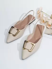 Fall/Winter Metal Decor Point Toe Slingback Flats, Back Strap Camel Color Elegant Pure Metal Solid Color Women's Flat Shoes - Beige - View 5