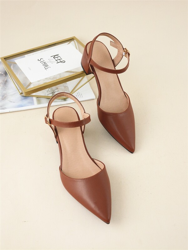 Point Toe Chunky Heeled Ankle Strap Pumps, Rust Brown Elegant Ankle Strap Solid Color Women's High Heels With Buckle