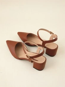 Fall/Winter 2025 Point Toe Chunky Heeled Ankle Strap Pumps, Rust Brown Elegant Ankle Strap Solid Color Women's High Heels With Buckle,Elegant - Rust Brown - View 3