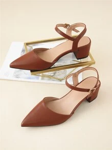 Fall/Winter 2025 Point Toe Chunky Heeled Ankle Strap Pumps, Rust Brown Elegant Ankle Strap Solid Color Women's High Heels With Buckle,Elegant - Rust Brown - View 6