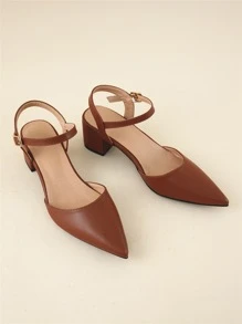 Fall/Winter 2025 Point Toe Chunky Heeled Ankle Strap Pumps, Rust Brown Elegant Ankle Strap Solid Color Women's High Heels With Buckle,Elegant - Rust Brown - View 9