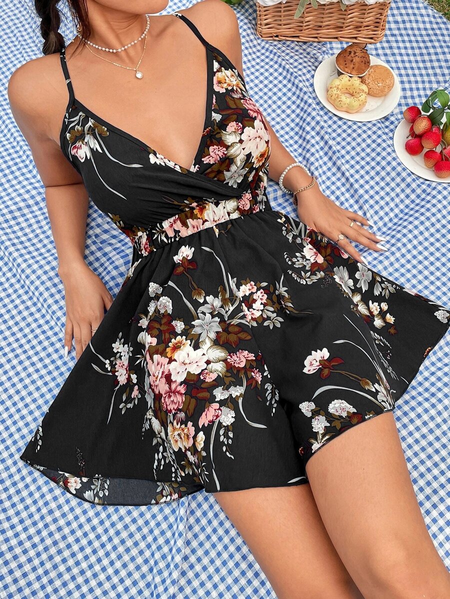 SHEIN VCAY Floral Print Cami Romper - Black - View 1
