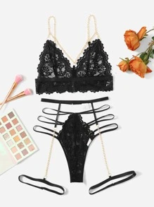 3pack Chain Detail Lace Garter Lingerie Set - Black - View 1
