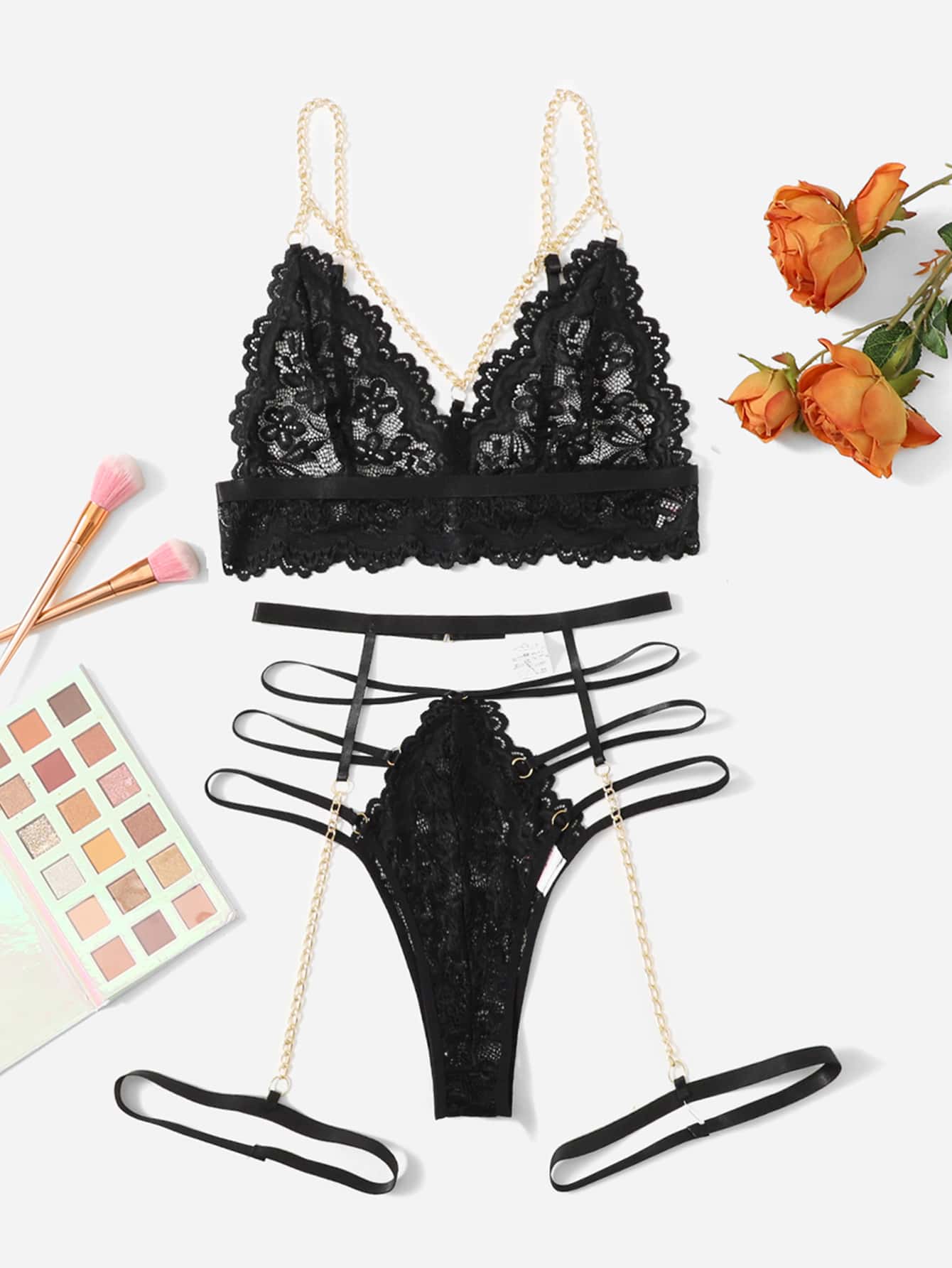 3pack Chain Detail Lace Garter Lingerie Set - Black - View 1