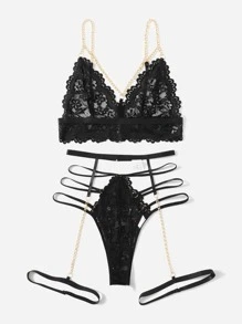3pack Chain Detail Lace Garter Lingerie Set - Black - View 5