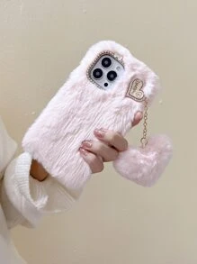 Ốp điện thoại lông mềm có mặt dây chuyền hình trái tim, phiên bản quốc tế, không phải phiên bản nội địa. - Hồng - Xem 3