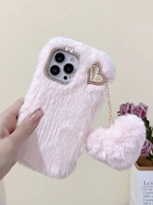 Ốp điện thoại lông mềm có mặt dây chuyền hình trái tim, phiên bản quốc tế, không phải phiên bản nội địa. - Hồng - Xem 4