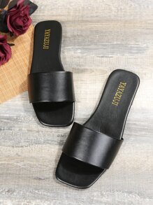 女士極簡戶外綠色平底拖鞋適用於女士單帶素色人造皮革露趾涼拖 - 黑色 - 查看 5