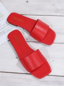 Minimalist Outdoors Red Flat Slippers For Women, Single Band Plain Artificial Leather Open Toe Slide Sandals