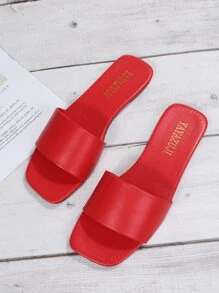 Minimalist Outdoors Red Flat Slippers For Women, Single Band Plain Artificial Leather Open Toe Slide Sandals