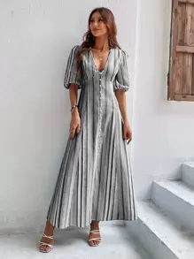 SHEIN VCAY 條紋圖案泡泡袖前排扣連衣裙 - 淺灰色 - 查看 1
