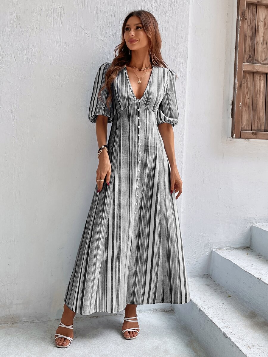 SHEIN VCAY 條紋圖案泡泡袖前排扣連衣裙 - 淺灰色 - 查看 1