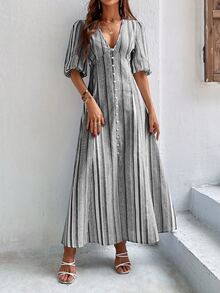 SHEIN VCAY 條紋圖案泡泡袖前排扣連衣裙 - 淺灰色 - 查看 3