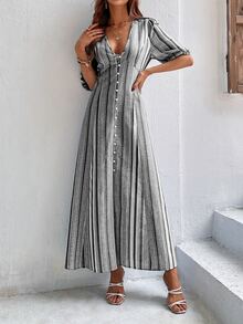 SHEIN VCAY 條紋圖案泡泡袖前排扣連衣裙 - 淺灰色 - 查看 4