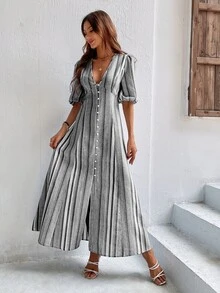 SHEIN VCAY 條紋圖案泡泡袖前排扣連衣裙 - 淺灰色 - 查看 5