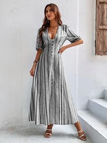 SHEIN VCAY 條紋圖案泡泡袖前排扣連衣裙 - 淺灰色 - 查看 6