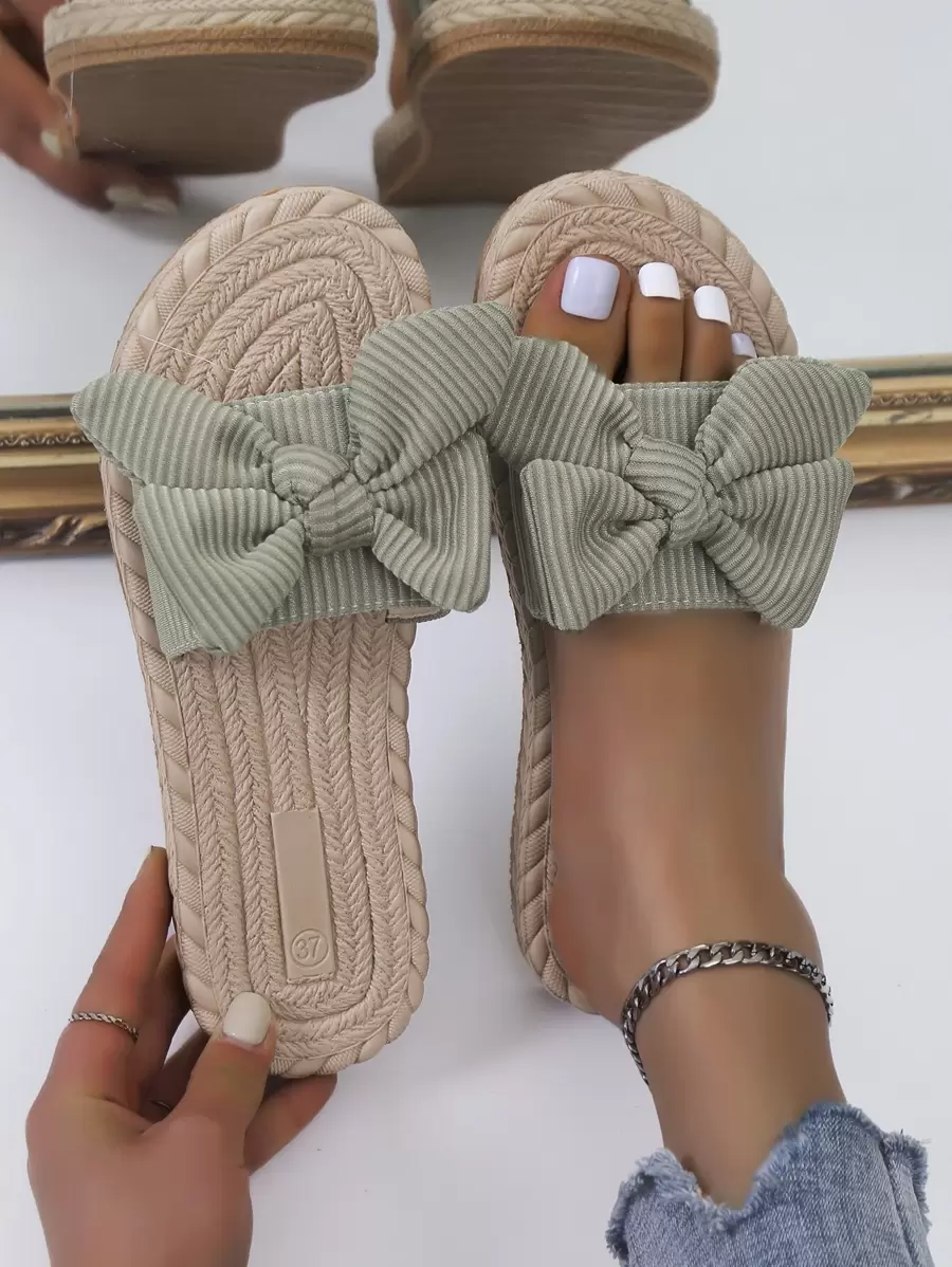 Women Ribbed Knit Bow Decor Espadrille Open Toe Slide Sandals, Vacation Summer Outdoor Fabric Flat Sandals - Green - View 1