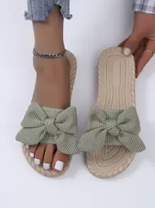 Women Ribbed Knit Bow Decor Espadrille Open Toe Slide Sandals, Vacation Summer Outdoor Fabric Flat Sandals - Green - View 2