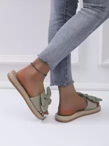 Women Ribbed Knit Bow Decor Espadrille Open Toe Slide Sandals, Vacation Summer Outdoor Fabric Flat Sandals - Green - View 5