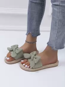 Women Ribbed Knit Bow Decor Espadrille Open Toe Slide Sandals, Vacation Summer Outdoor Fabric Flat Sandals - Green - View 6