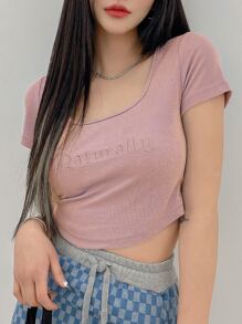 DAZY Letter Embroidery Scoop Neck Tee - Dusty Pink - View 5