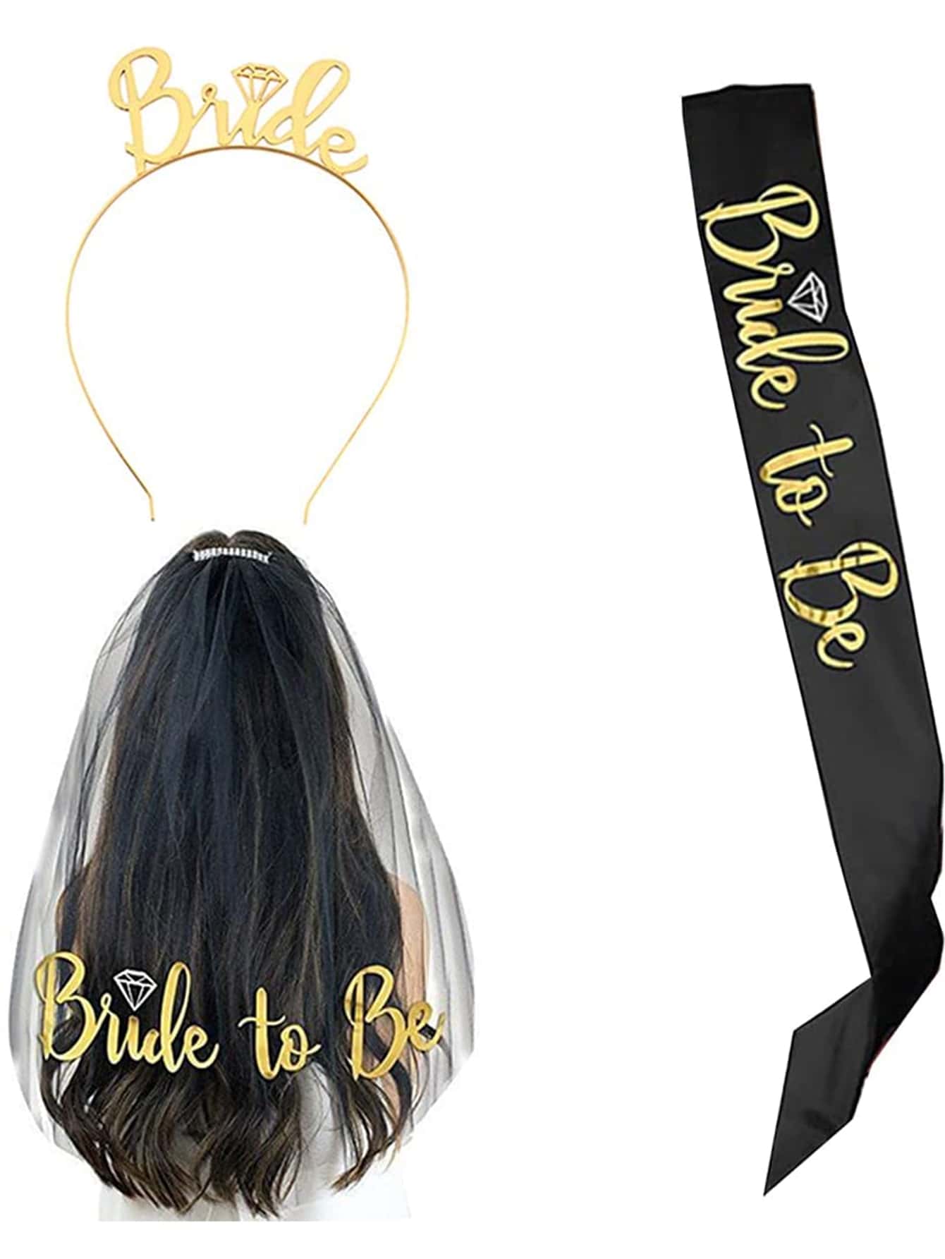 Juego de 3 piezas de accesorios para solteros de boda, cinturón y diadema para la novia, corona de cabeza y velo largo para el hombro, suministros para fiestas de solteros, regalo nupcial, accesorios de decoración de fiesta - Multicolor - Ver 2
