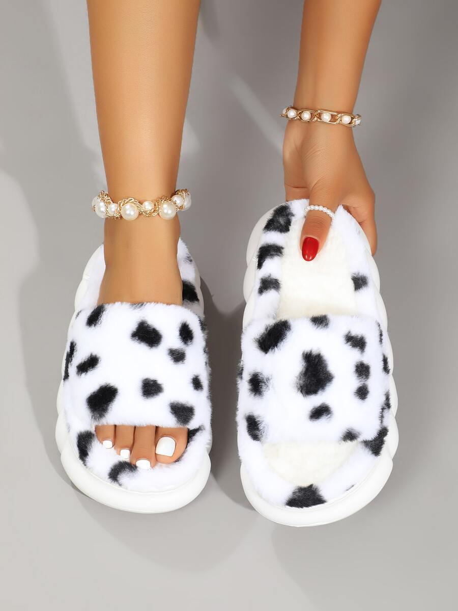 Dalmatian Print Fuzzy Bedroom Slippers - Black and White - View 1